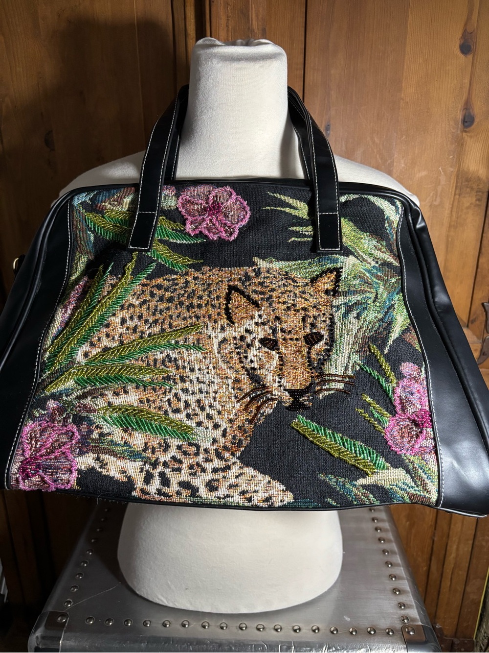 Embroidered Leopard Tote Bag in Black with Pink Floral Accents